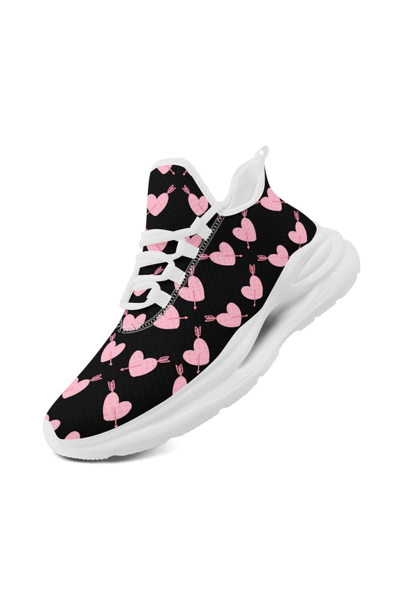Women's Fashionable Valentine Monochrome Pink Heart & Arrow-Inspired Breathable Athletic Shoes | Fabric Upper, EVA Sole, Lace-up Wide Fit Lightweight Casual Sneakers for Daily Wear
