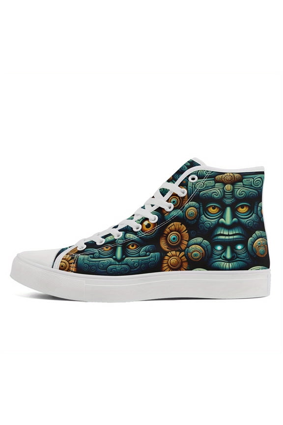 Women's Global Roots High Top Sneakers - Artistic Tribal Pattern, Breathable Fabric Upper, Urban Fashion Footwear, Ladies Sneakers, Stylish Streetwear, Mystical Shoe Design Casual Boots
