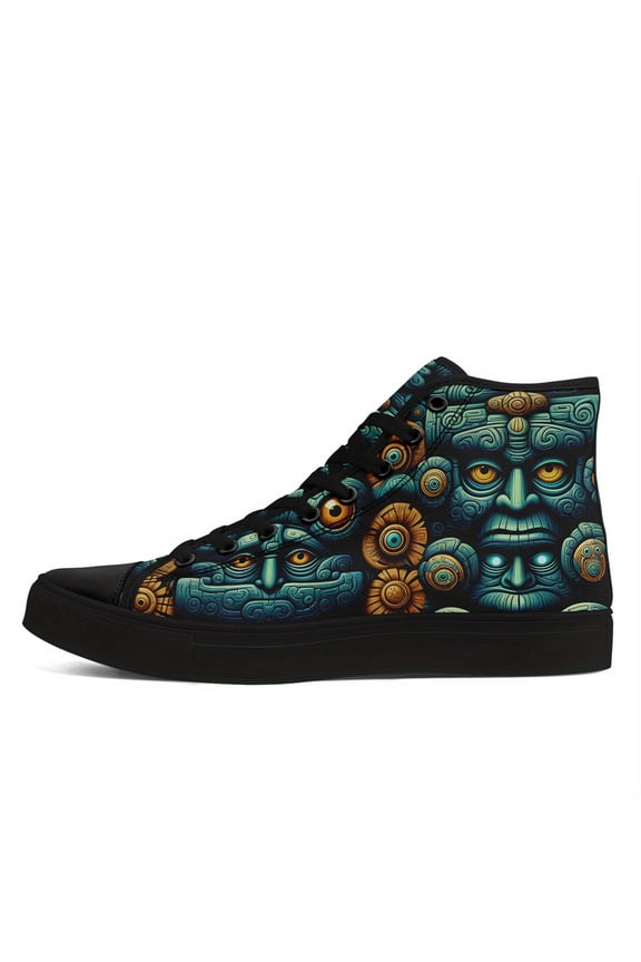 Women's Global Roots High Top Sneakers - Artistic Tribal Pattern, Breathable Fabric Upper, Urban Fashion Footwear, Ladies Sneakers, Stylish Streetwear, Mystical Shoe Design Casual Boots