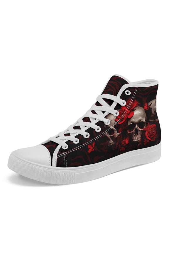 Women's Gothic Lace-Up High-Top Sneakers, Skull & Rose Print Black/Red/Gray, Round Toe All-Season Durable Rubber Sole, Breathable Fabric Streetwear Shoes, Ladies Lace-Up Casual Boots