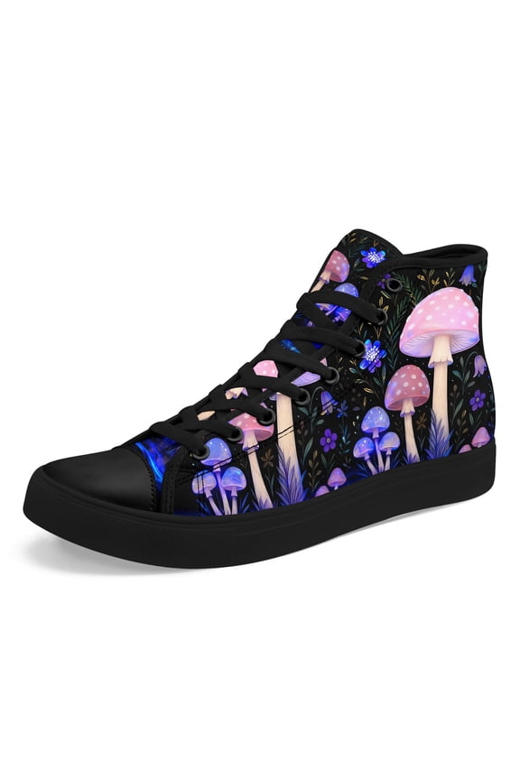 Women's Gothic Punk Gothic Mushroom Forest Print High-Top Sneakers - Lightweight All-Season Lace-Up Trainers with Purple & Pink Mushroom Design Casual Shoes