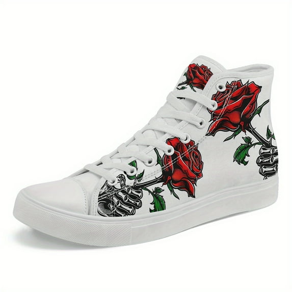 Coolcustomize Women's Gothic Punk Sneakers - High-Top Shoes with Red Roses & Skeletal Hands, Lace-Up Closure - All-Season Streetwear for Couples, Halloween, Concerts, Gothic Shoes, Casual Streetwear