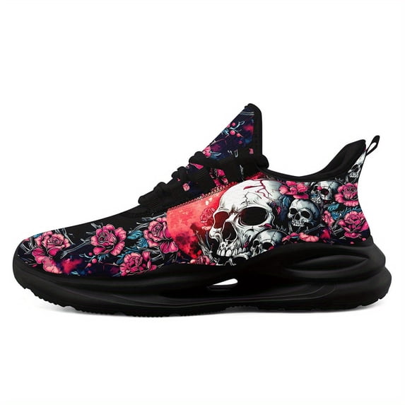 Coolcustomize Women's Gothic Skull And Floral Sneakers - Lightweight And Breathable Running And Training Shoes With Midsole Suspension Technology, Black And Pink Floral Design, Low-top Lace-up Shoes