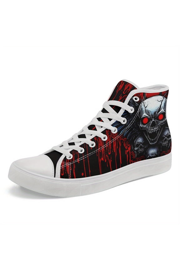 Women's Gothic Skull Print High-Top Sneakers - Stylish Black & Red Fabric Upper, Lace-Up Casual Boots for Streetwear and Everyday Wear, Ladies' Edgy Casual Shoes