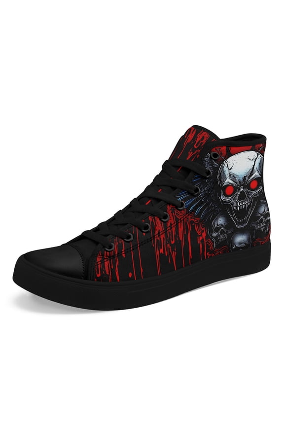 Women's Gothic Skull Print High-Top Sneakers - Stylish Black & Red Fabric Upper, Lace-Up Casual Boots for Streetwear and Everyday Wear, Ladies' Edgy Casual Shoes