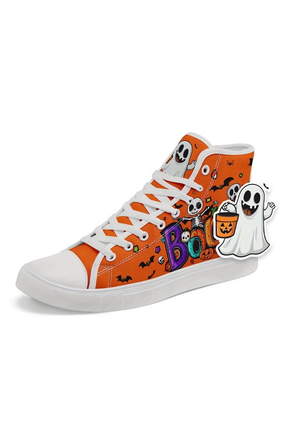 Women's Halloween High Top Sneakers with Cute Charm, Orange Boo Skeleton Pumpkin Bat Design, Trick Treat Casual Skate Shoes, Ladies' Spooky Casual Boots, Trendy Halloween Shoes