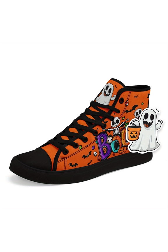 Women's Halloween High Top Sneakers with Cute Charm, Orange Boo Skeleton Pumpkin Bat Design, Trick Treat Casual Skate Shoes, Ladies' Spooky Casual Boots, Trendy Halloween Shoes
