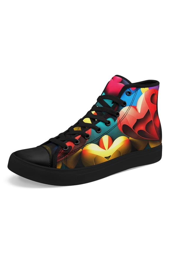 Women's High-Top Sneakers with Heart Print - Valentine's Day Couple Shoes Suitable for Daily Wear, Round Toe Lace-Up Ankle Boots, Heart Pattern, Fabric Upper & Rubber Sole Canvas Shoes