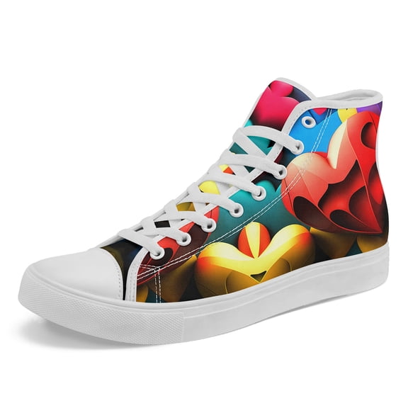 Coolcustomize Women's High-Top Sneakers with Heart Print - Valentine's Day Couple Shoes Suitable for Daily Wear, Round Toe Lace-Up Ankle Boots, Heart Pattern, Fabric Upper & Rubber Sole Canvas Shoes