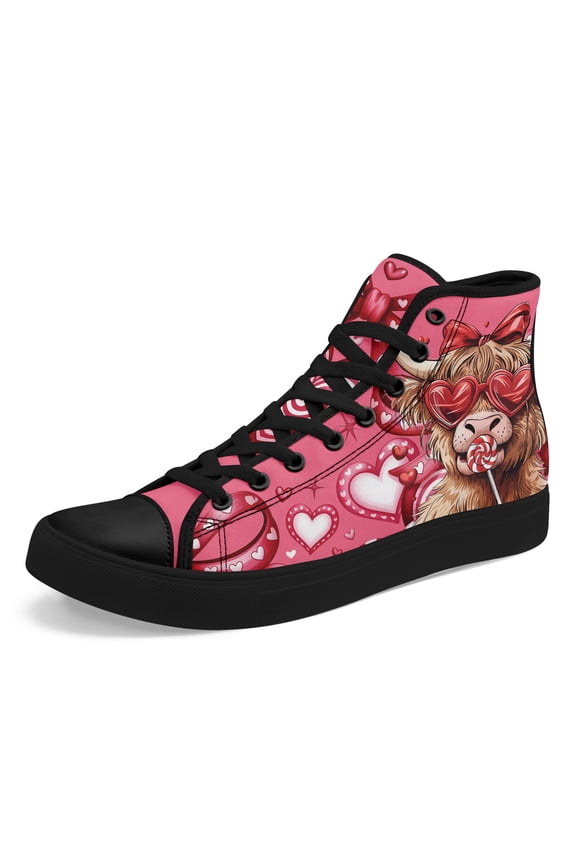 Women's High Top Valentine's Day Cute Cow Heart Print Fashion Casual Sneakers | Romantic Couple Streetwear Shoes, Lace-up Casual Boots, Round Toe, Fabric Upper and Sole Canvas Shoes