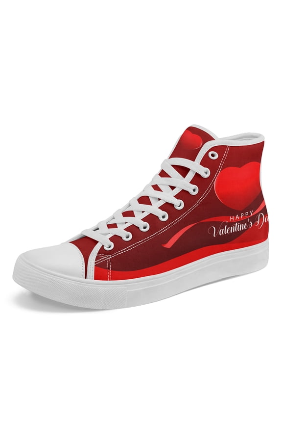 Women's High Top Valentine's Day Red Heart Print Fashion Casual Sneakers | Romantic Couple Streetwear Shoes, Lace-up, Round Toe, Fabric Upper and Inner, Rubber Sole Canvas Shoes