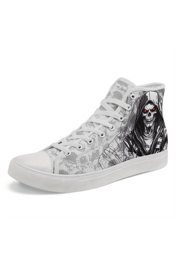 Women's High-top Gothic Skull Punk Fashionable Sneakers, Unisex Gothic Flame Shoes for Streetwear, Rock Festivals, Punk Skull Print Unisex Lace-Up Casual Shoes, Breathable Fabric Boots