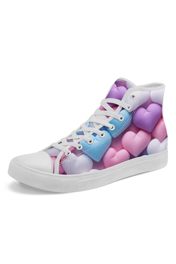 Women's High-top Sneakers with Heart Print, Soft-Style Round Toe Lace-Up Casual Shoes, Colorful Heart Patterns, Rubber Sole, Fabric Upper Canvas Shoes for Daily Wear, Gym, Outfits