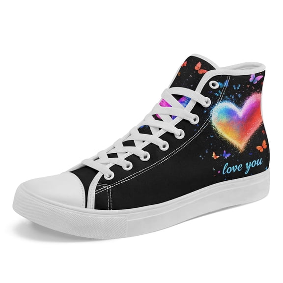 Coolcustomize Women's High-top Sneakers with I Love You Heart Pattern, Lace-Up Round Toe Casual Shoes, Colorful Heart Design Canvas Shoes,  Multicolor Hearts for Casual Attire, Parties, Outdoor