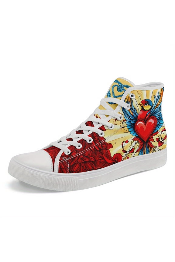 Women's High-top Sneakers with Vibrant Heart & Bird Design - Stylish Canvas Shoes, Comfortable Fabric Upper, Rubber Sole, Lace-Up, Casual Footwear | Fashion Casual Shoes for Outdoor