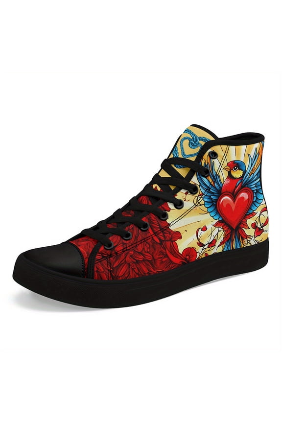 Women's High-top Sneakers with Vibrant Heart & Bird Design - Stylish Canvas Shoes, Comfortable Fabric Upper, Rubber Sole, Lace-Up, Casual Footwear | Fashion Casual Shoes for Outdoor