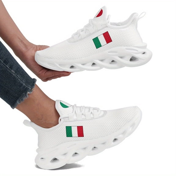 Coolcustomize Women's Italian Flag Design Sneakers - Green Red White Breathable Fabric Lace-Up Trainers with Twist Sole, Lightweight EVA Cushioned Shoes for Running Walking Travel & Daily Wear