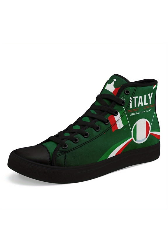 Women's Italian Flag High-Top Sneakers - Green, White & Red Tricolor Design with Crown Accent - Lace-Up Closure Casual Shoes - Italian Heritage Boots for Everyday, Travel, Themed Events