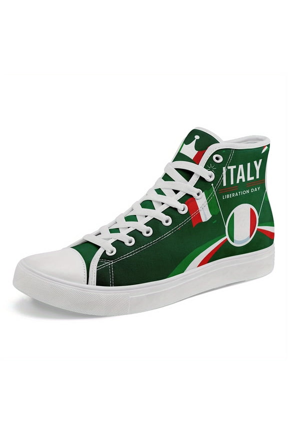 Women's Italian Flag High-Top Sneakers - Green, White & Red Tricolor Design with Crown Accent - Lace-Up Closure Casual Shoes - Italian Heritage Boots for Everyday, Travel, Themed Events