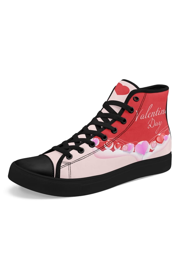 Women's Lace-Up High-top Sneakers/Painters - Pink-Red Heart Pattern Round Toe Casual Shoes, Fabric Upper Boots, Rubber Sole Canvas Shoes for Valentine's Day, Outdoor, Daily Wear