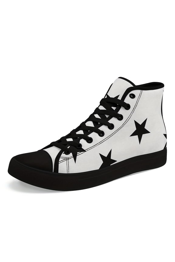 Women's & Men's Star Punk Pattern Mid-Top Sneakers - Black & White Fabric Upper, Soft Rubber Sole, Round Toe, Secure Laceup Closure, Comfortable Streetwear Shoes for Festive Gifts