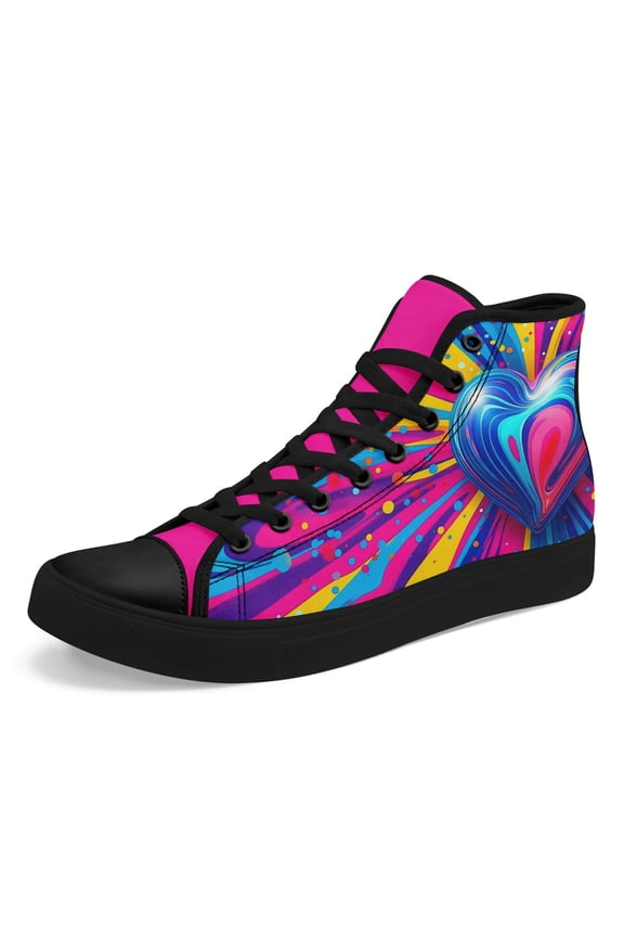 Women's Neon Heart Burst High-top Sneakers, Lace-Up Round Toe Casual Shoes with Neon for Wear, Valentine's Outfits & Daily Fashion, Comfortable Fabric Upper & Sole Canvas Boots