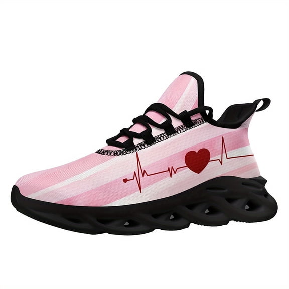Coolcustomize Women's Pink Couple Running Shoes, Love Heartbeat Design, Ladies' Lightweight Breathable Trainers for Gym Training, Walking, Perfect Romantic Gift for Valentine's Day/Wife/Girlfriend