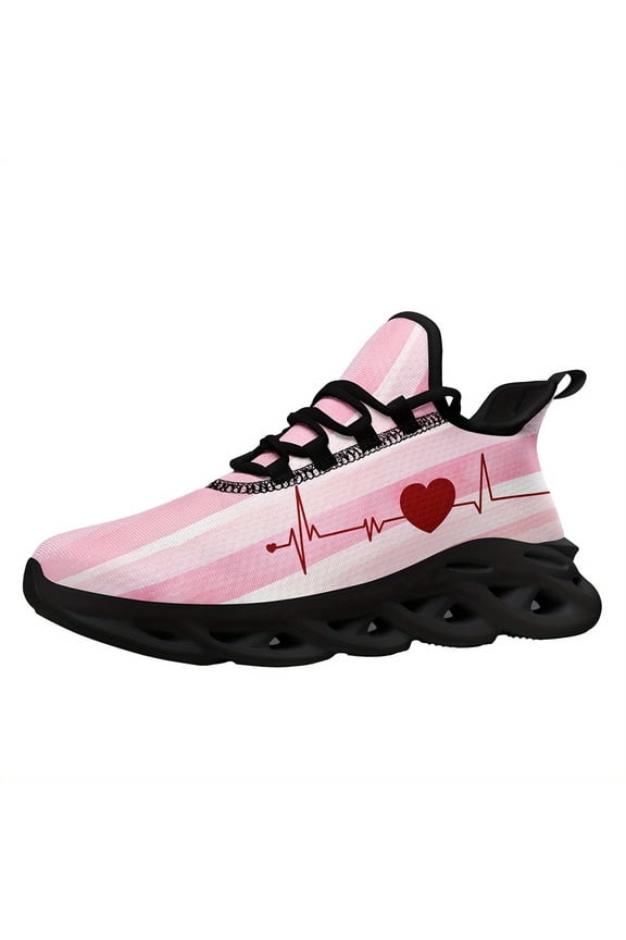 Women's Pink Couple Running Shoes, Love Heartbeat Design, Ladies' Lightweight Breathable Trainers for Gym Training, Walking, Perfect Romantic Gift for Valentine's Day/Wife/Girlfriend
