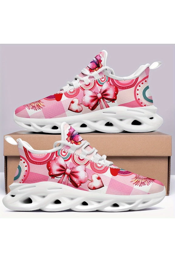 Women's Pink Heart & Butterfly Sneakers - Low-top Lace-Up Running Shoes with Breathable Fabric, EVA Sole & Round Toe Design Trainers for Casual Wear, gym, Outdoor