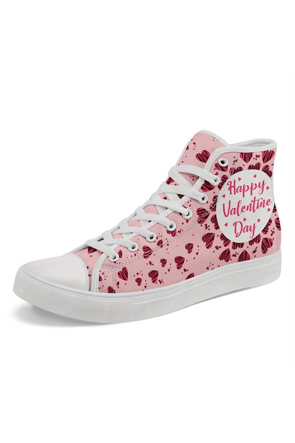Women's Pink Heart Themed High-top Sneakers, Stylish Lace-Up Canvas Shoes with "Happy Valentine's Day" Design, Comfortable Fabric Upper & Rubber Sole Casual Footwear, Couple Sneakers