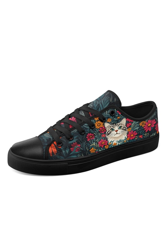 Women's Plus Size Dark Flower & Cat Print Sneakers, Lightweight Round Toe Low-Top Casual Shoes with Lace-Up, Cushioned Insole Canvas Shoes for Daily Wear/Office/Semi-Formal Events