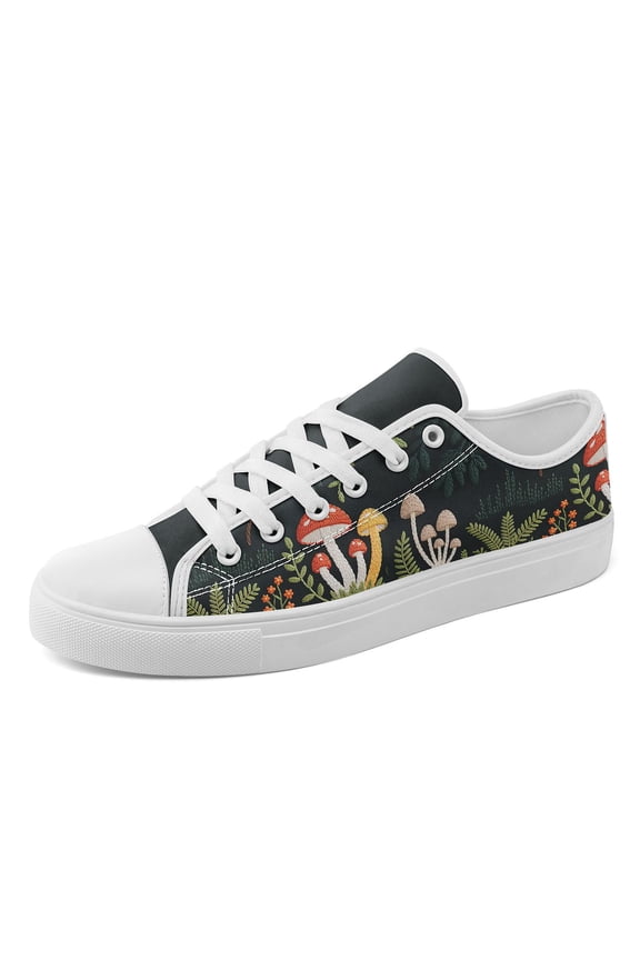 Women's Plus Size Dark Forest Colorful Mushroom Casual Sneakers, Comfort Lightweight Dailywear Lace-Up Low Top Casual Shoes, Ladies' Round Toe Canvas Shoes for Outdoor Walking/Activity