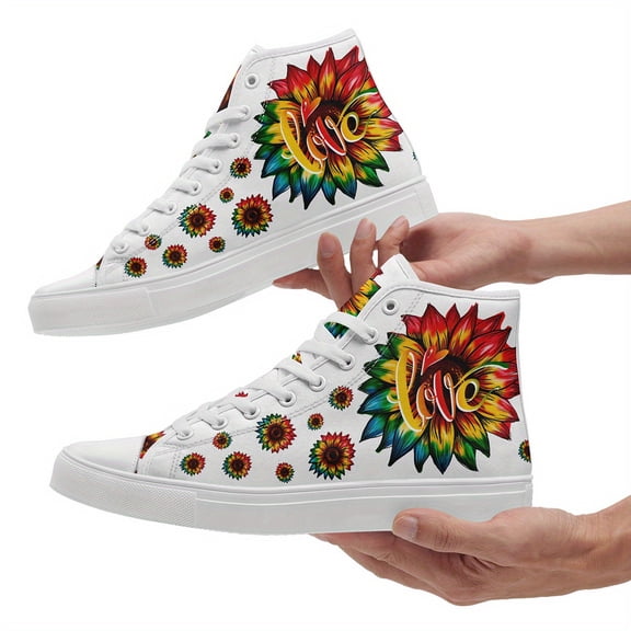 Coolcustomize Women's Pride Month Rainbow LGBT Sunflower Love Design Sneakers - Round Toe Sports Shoes, Breathable Fabric Boots for Daily Wear, Festive Gift, Vibrant Shoe Design, Laceup Canvas Shoes