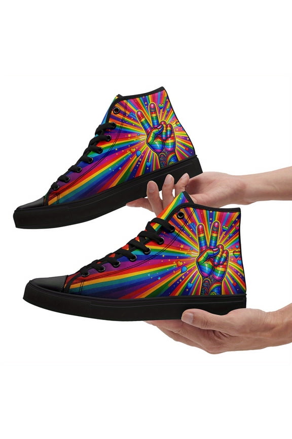 Women's Rainbow Pride LGBT Sneakers, LGBTQ+ Graphic Shoes with Colorful Rainbow Arch & Peace Sign Design, Lace-Up Round Toe, Casual & Festive Wear, Perfect Gift for Pride Month, Parties