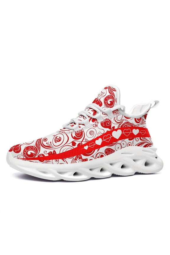 Women's Red Heart Sneakers - Stylish & Comfortable Casual Walking Shoes with EVA Sole, Lace-Up Trainers, Fabric Upper Sport Shoes for Daily Wear and Outdoor, Ladies Running Shoes