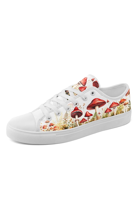 Women's Red Mushroom & Forest Personalized Print (Red/Yellow) Sneakers, Lightweight Lace-Up Low-Top Round Toe Canvas Shoes, Ladies' Plus Size Casual Shoes for Outdoor Walk/Activity
