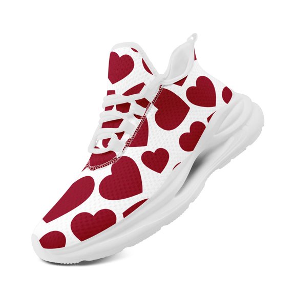 Coolcustomize Women's Red & White Heart Pattern Low-Top Sneakers - Lightweight Casual Shoes with Round Toe, Wide Platform Trainers for All-Season Wear, Valentine's Day Matching Couple Running Shoes