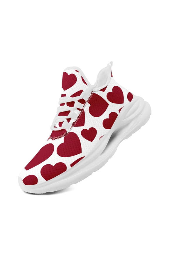 Women's Red & White Heart Pattern Low-Top Sneakers - Lightweight Casual Shoes with Round Toe, Wide Platform Trainers for All-Season Wear, Valentine's Day Matching Couple Running Shoes