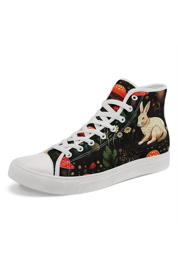 Women's Retro Forest Bunny and Mushroom Print High-top Sneakers - Lace-Up Ankle Casual Shoes, Black/Green/Red, Ladies' Fantasy Forest Theme Boots Perfect For All-Season and Concert Wear