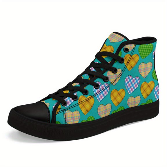 Coolcustomize Women's Retro Plaid Heart Print High-Top Sneakers - All-Season Round Toe Casual Boots Streetwear with Fabric Upper & Rubber Sole, All-Terrain Traction for Daily Wear, Travel, Outfits