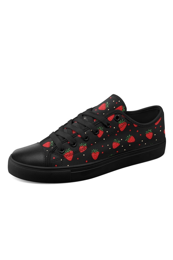 Women's Strawberry (Black/Red) Print Casual Sneakers | Lace-up, Round Toe Casual Shoes, Low Top Canvas Shoes, Fabric Upper, Rubber Sole, Trendy Daily Wear Footwear for Outdoor Activity