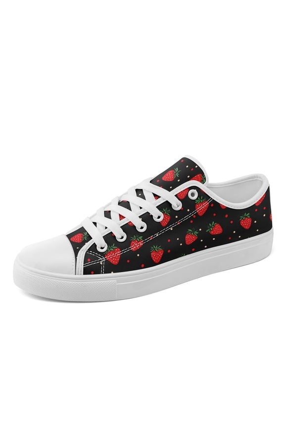 Women's Strawberry (Black/Red) Print Casual Sneakers | Lace-up, Round Toe Casual Shoes, Low Top Canvas Shoes, Fabric Upper, Rubber Sole, Trendy Daily Wear Footwear for Outdoor Activity