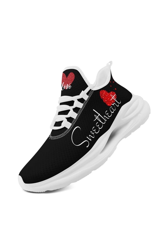 Women's Sweetheart & Heart Design Couple Matching Sneakers, Black Low-Top Tennis Shoes with Sweetheart Tag, Lightweight Fabric Upper & Sole Sport Shoes for Dating, Casual Attire