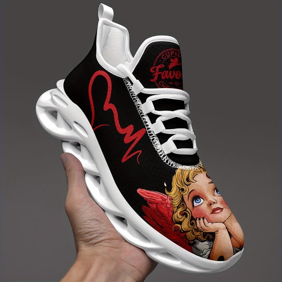 Coolcustomize Women's Valentine's Day Couple Shoes - Cupid Heart Design Sneakers in Black & Red, Lightweight Lace-Up Romantic Gifts for Girlfriend, Wife - Lovethemed Tennis Shoes, Couples Footwear