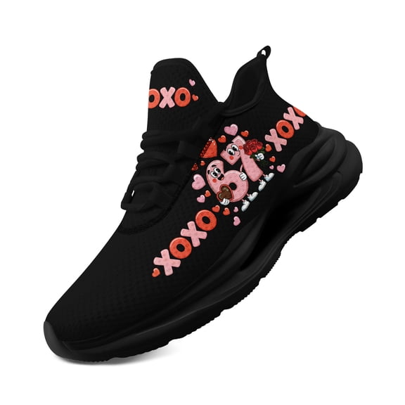 Coolcustomize Women's Wide Fit Low-Top Sneakers with Cute Pink Pig XOXO pattern - Breathable Lace-Up Trainers, Comfort for Casual Attire - Pink Pig XOXO Design for Outdoor (Fabric Upper & Sole)