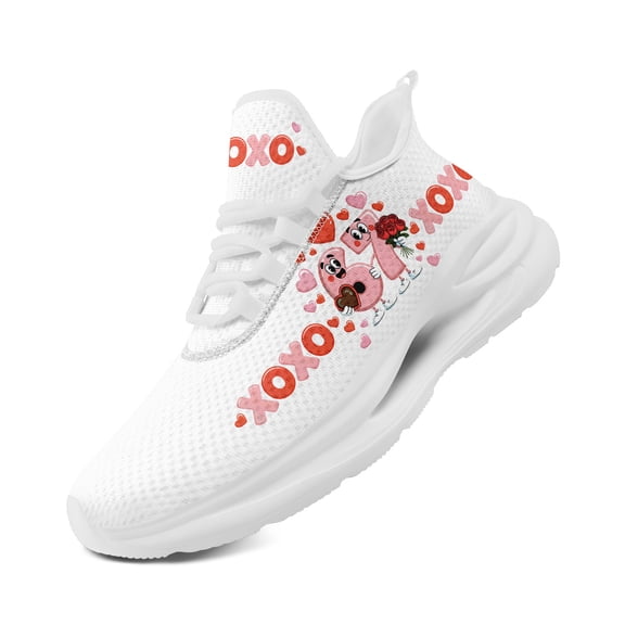 Coolcustomize Women's Wide Fit Low-Top Sneakers with Cute Pink Pig XOXO pattern - Breathable Lace-Up Trainers, Comfort for Casual Attire - Pink Pig XOXO Design for Outdoor (Fabric Upper & Sole)