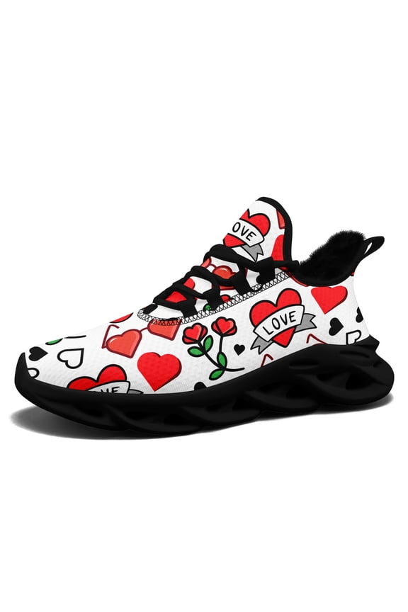 Women's Winter Plush-Lining Valentine's Walking Shoes Suitable for Outdoor/Daily Wear, Heart & LOVE Pattern Wide Fit Low-Top Sneakers, Cozy Casual Shoes for Romantic Occasions & Weather