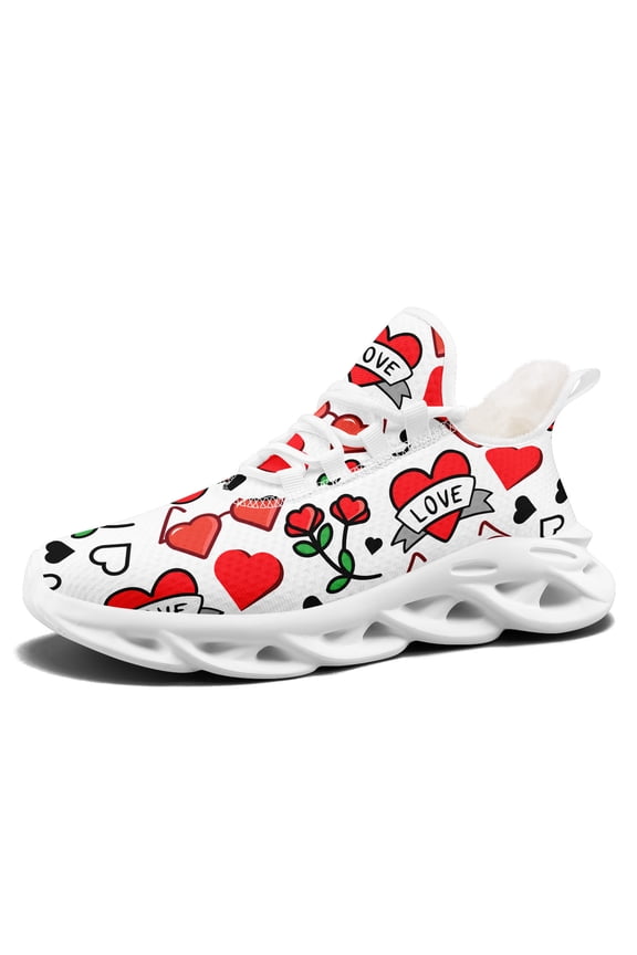 Women's Winter Plush-Lining Valentine's Walking Shoes Suitable for Outdoor/Daily Wear, Heart & LOVE Pattern Wide Fit Low-Top Sneakers, Cozy Casual Shoes for Romantic Occasions & Weather