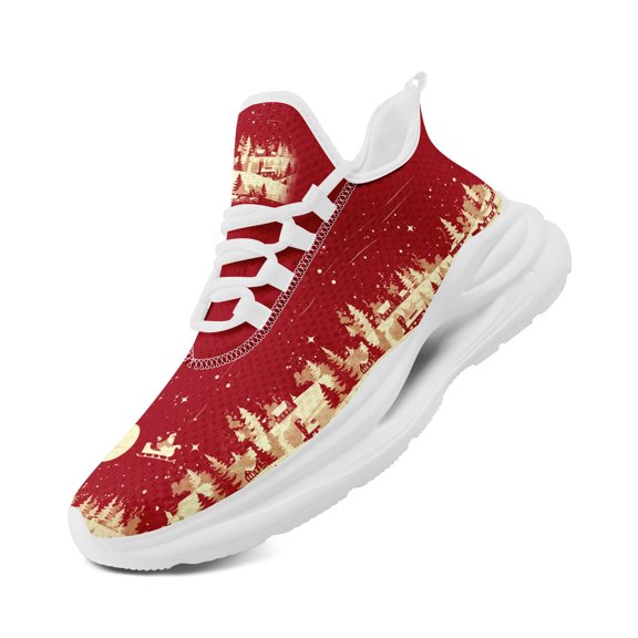 Coolcustomizewomen's Christmas Tree And Snowflake Print Sneakers, Platform Lace-up Training Shoes With Gold/red/white Cushioning, Breathable Low-top Festive Shoes Suitable For Gym, Parties, Travel