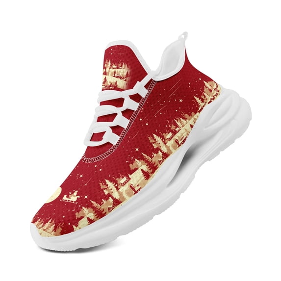Coolcustomizewomen's Christmas Tree And Snowflake Print Sneakers, Platform Lace-up Training Shoes With Gold/red/white Cushioning, Breathable Low-top Festive Shoes Suitable For Gym, Parties, Travel